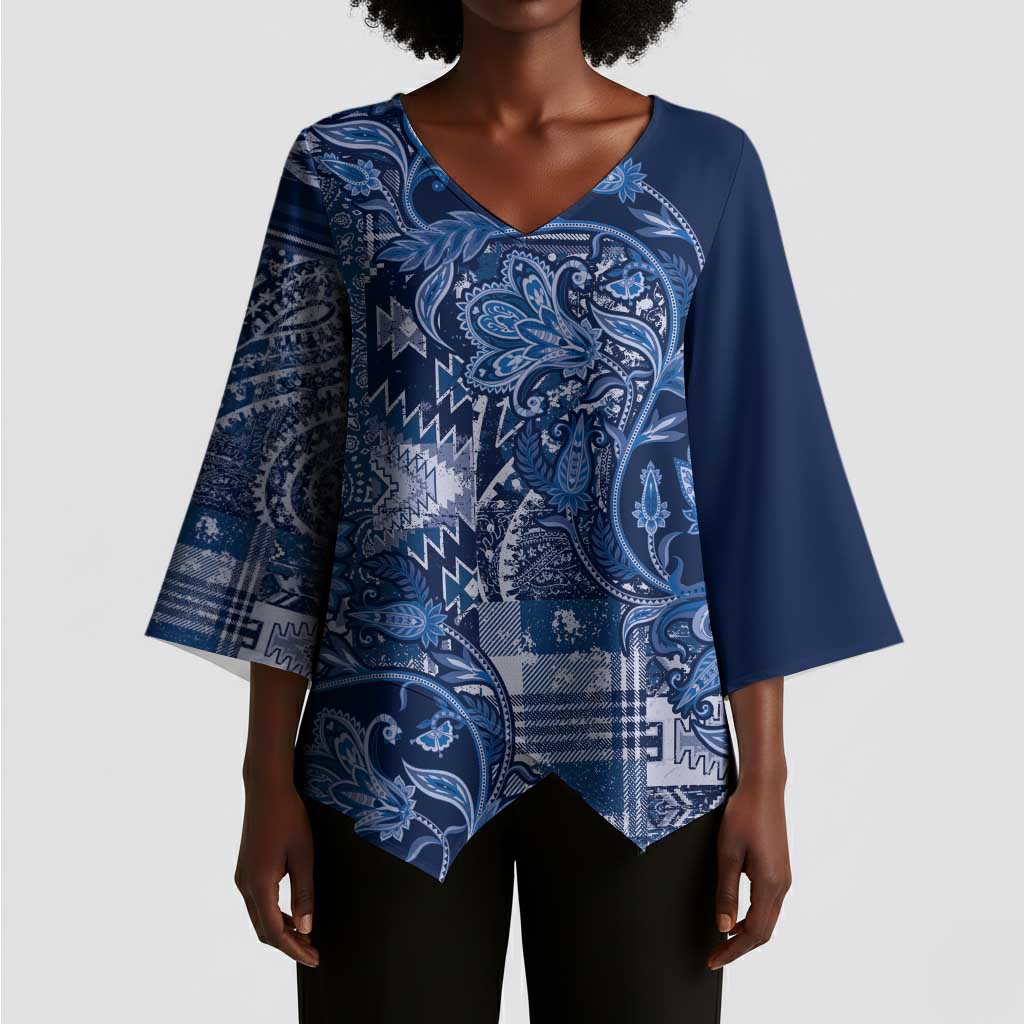 Africa Floral mix Maasai Shuka Kimono Sleeve Blouse Blue Moitf