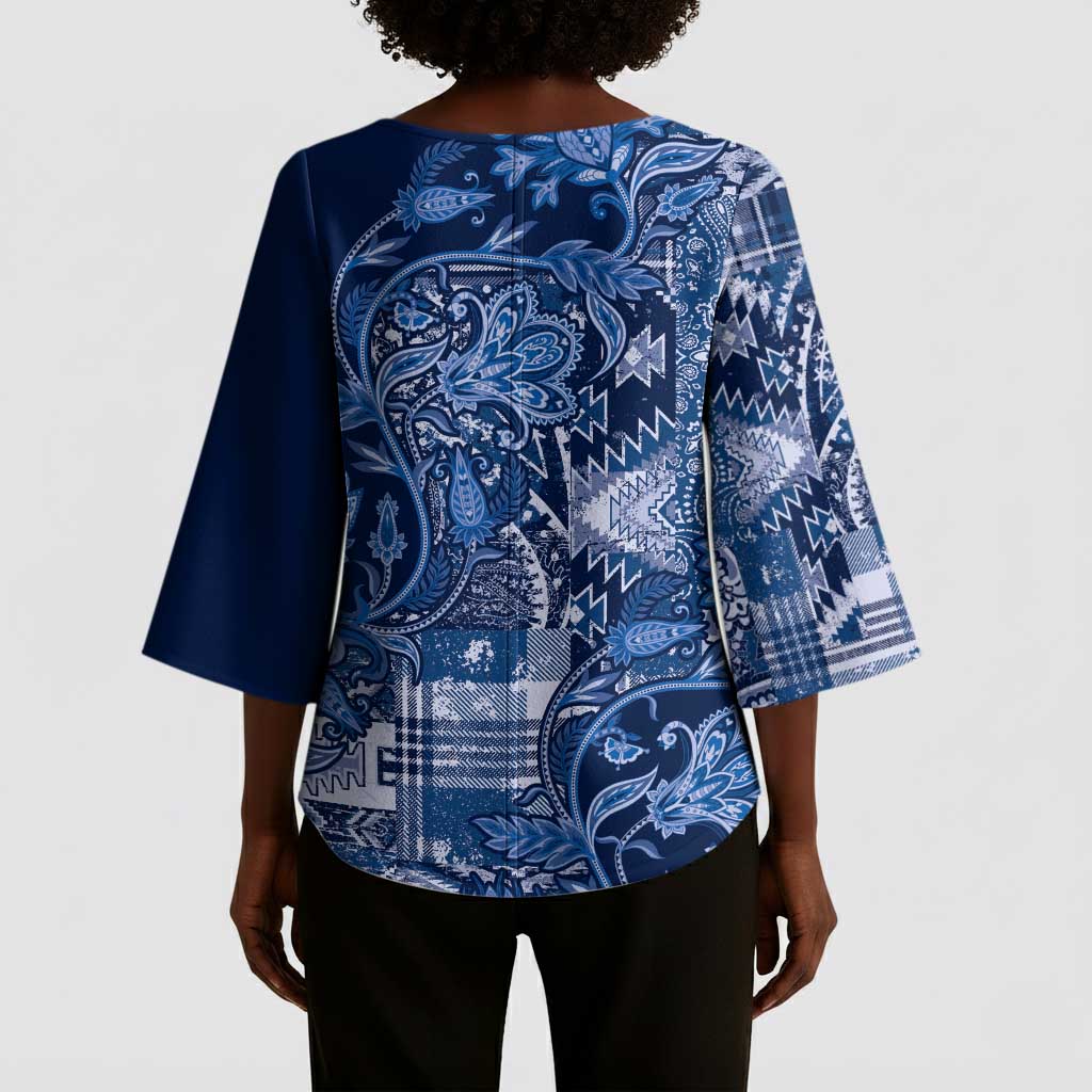 Africa Floral mix Maasai Shuka Kimono Sleeve Blouse Blue Moitf