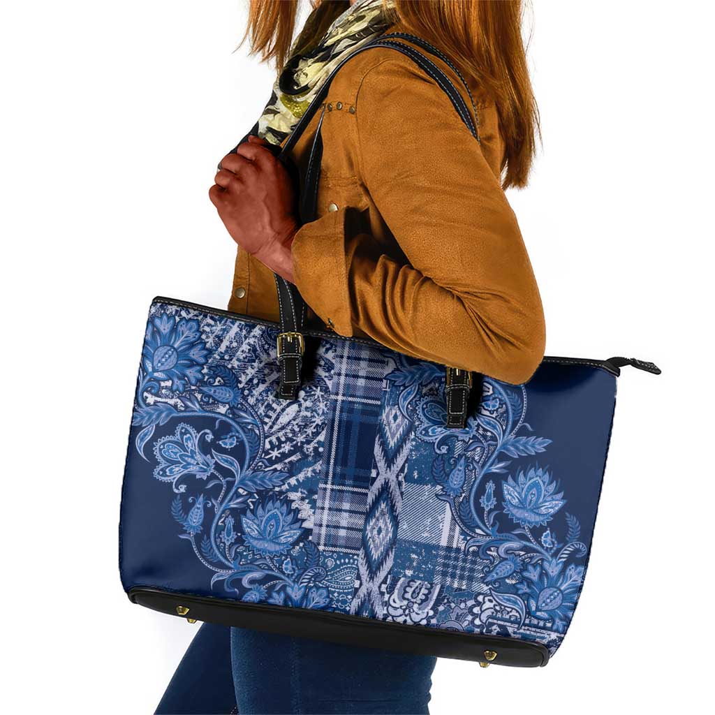 Afro Floral mix Maasai Shuka Leather Tote Bag Blue Moitf