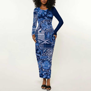 Afro Floral mix Maasai Shuka Long Sleeve Bodycon Dress Blue Moitf