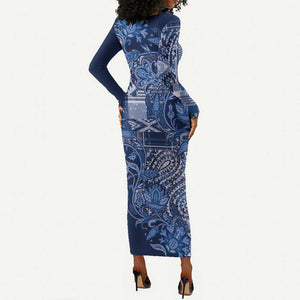 Afro Floral mix Maasai Shuka Long Sleeve Bodycon Dress Blue Moitf