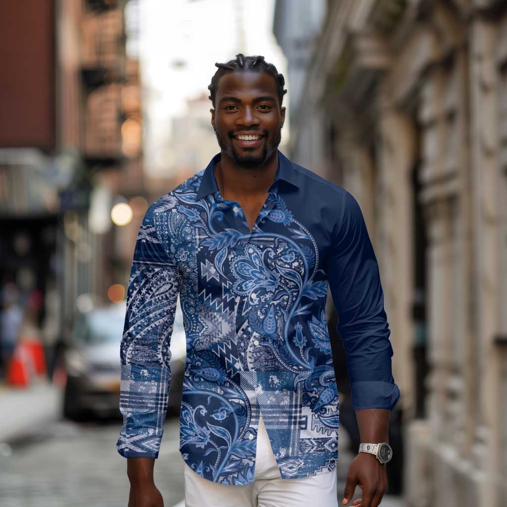 Afro Floral mix Maasai Shuka Long Sleeve Button Shirt Blue Moitf