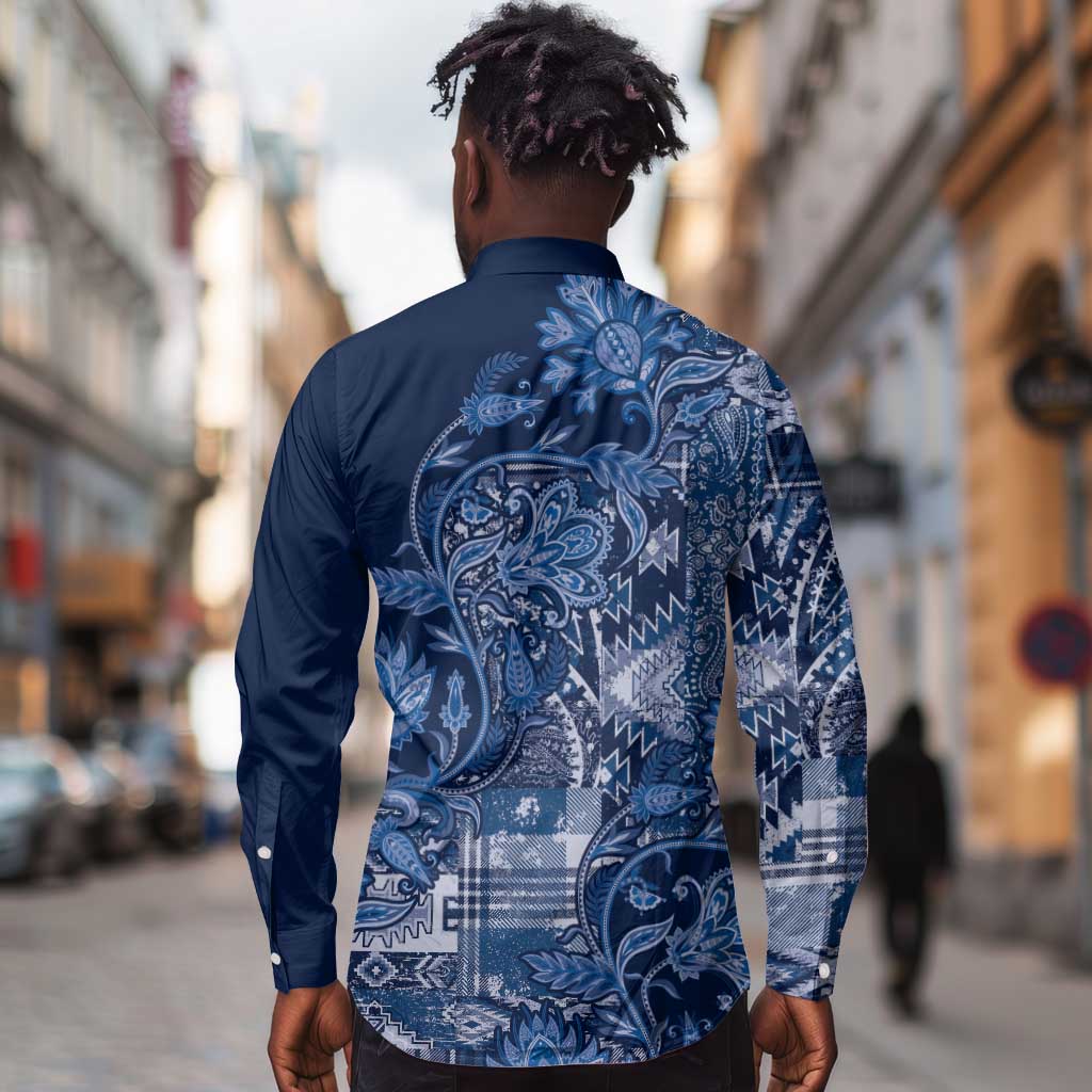 Afro Floral mix Maasai Shuka Long Sleeve Button Shirt Blue Moitf