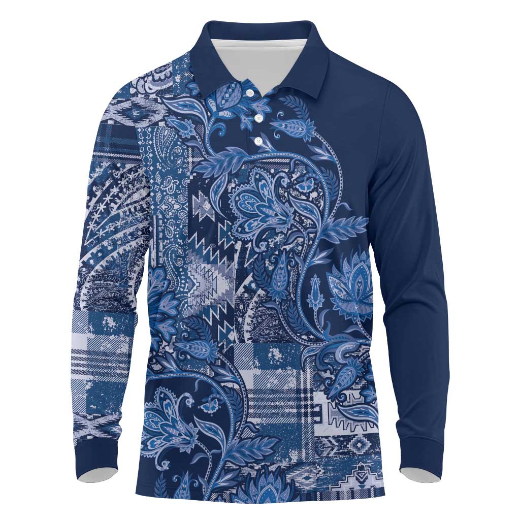 Afro Floral mix Maasai Shuka Long Sleeve Polo Shirt Blue Moitf