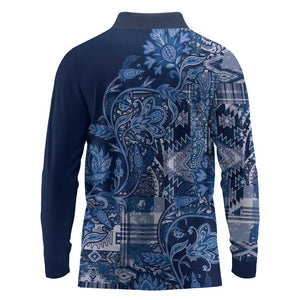 Afro Floral mix Maasai Shuka Long Sleeve Polo Shirt Blue Moitf