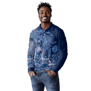 Afro Floral mix Maasai Shuka Long Sleeve Polo Shirt Blue Moitf