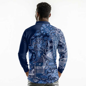 Afro Floral mix Maasai Shuka Long Sleeve Polo Shirt Blue Moitf