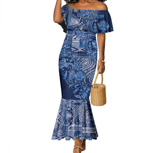 Afro Floral mix Maasai Shuka Mermaid Dress Blue Moitf