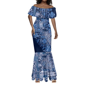 Afro Floral mix Maasai Shuka Mermaid Dress Blue Moitf