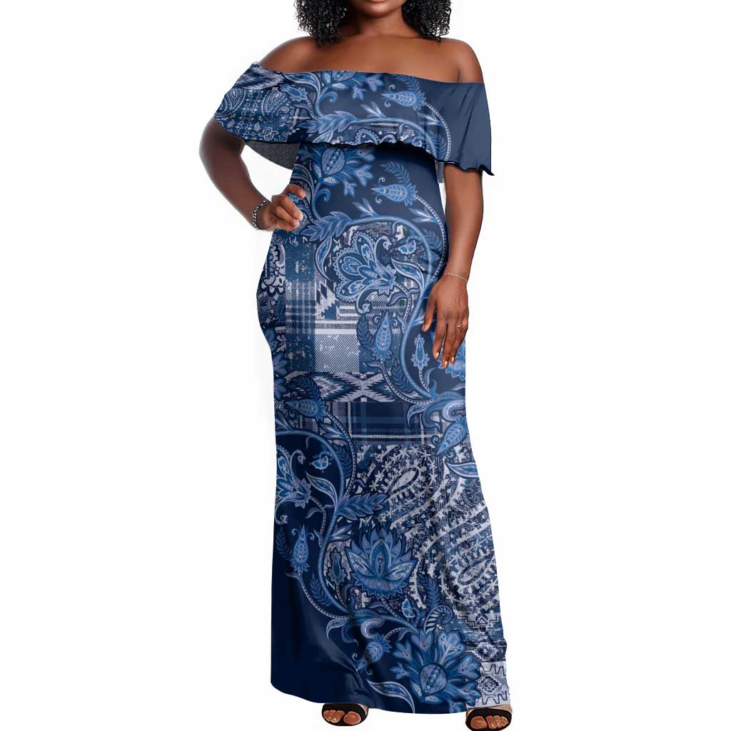 Afro Floral mix Maasai Shuka Off Shoulder Maxi Dress Blue Moitf