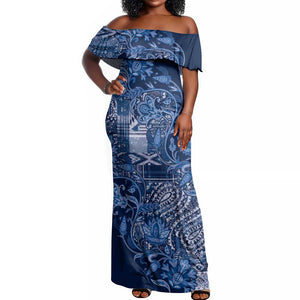 Afro Floral mix Maasai Shuka Off Shoulder Maxi Dress Blue Moitf