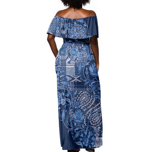 Afro Floral mix Maasai Shuka Off Shoulder Maxi Dress Blue Moitf