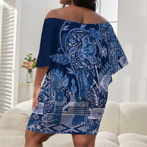 Afro Floral mix Maasai Shuka Off Shoulder Short Dress Blue Moitf