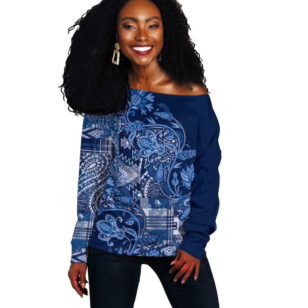 Afro Floral mix Maasai Shuka Off Shoulder Sweater Blue Moitf