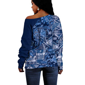 Afro Floral mix Maasai Shuka Off Shoulder Sweater Blue Moitf