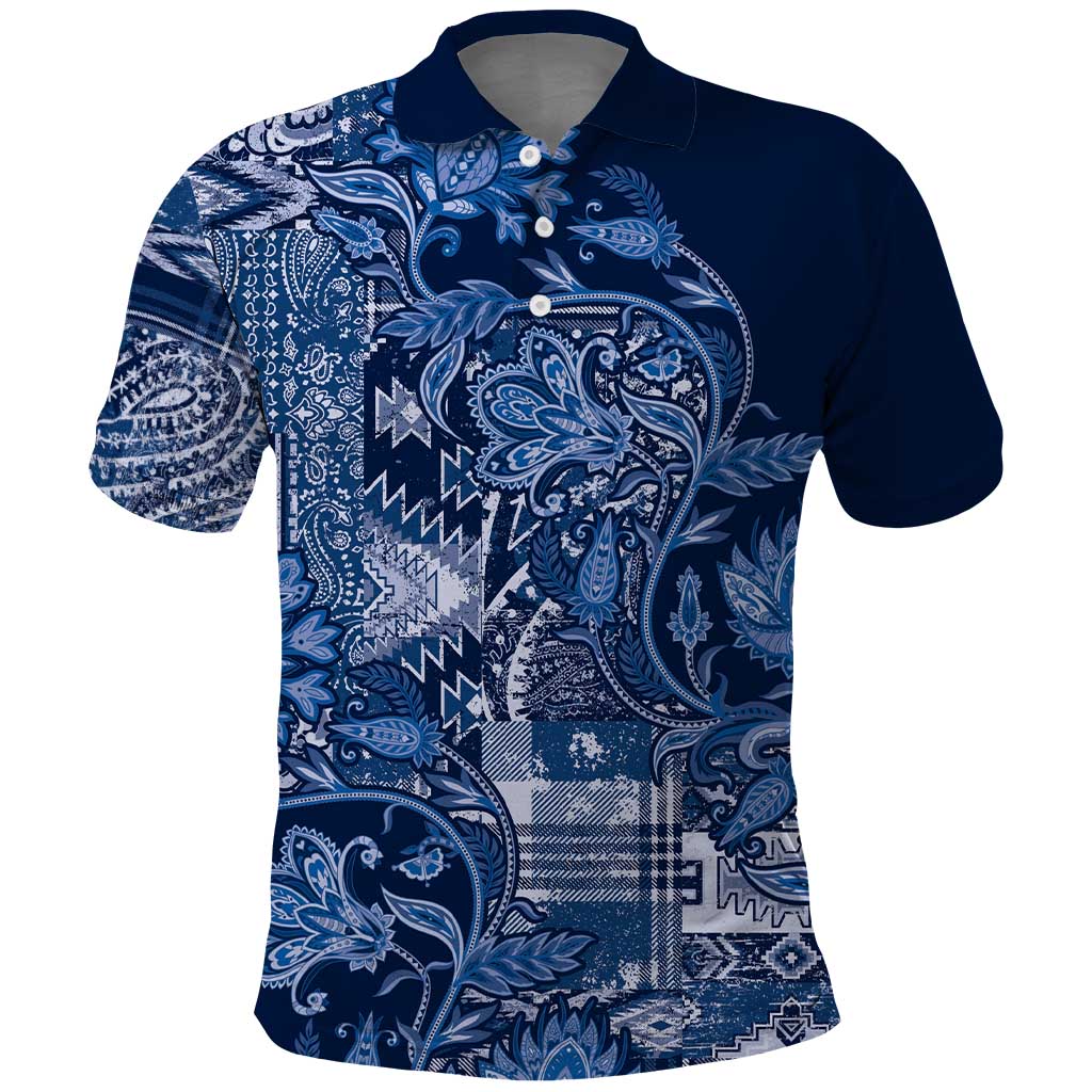 Afro Floral mix Maasai Shuka Polo Shirt Blue Moitf