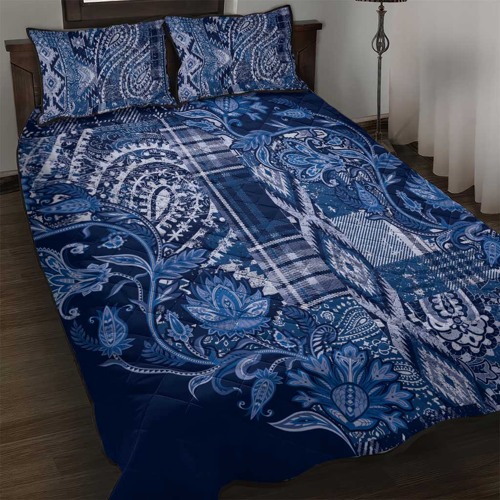 Afro Floral mix Maasai Shuka Quilt Bed Set Blue Moitf