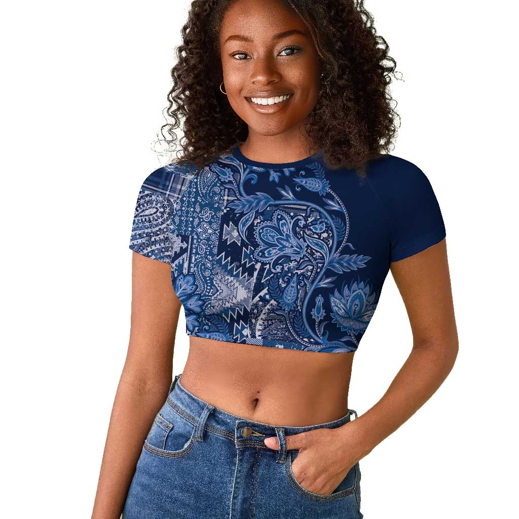 Afro Floral mix Maasai Shuka Raglan Cropped T shirt Blue Moitf