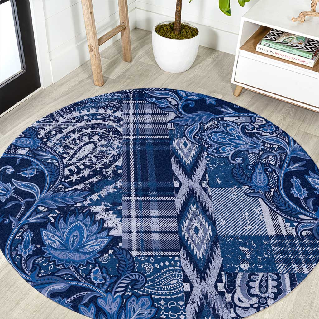 Afro Floral mix Maasai Shuka Round Carpet Blue Moitf