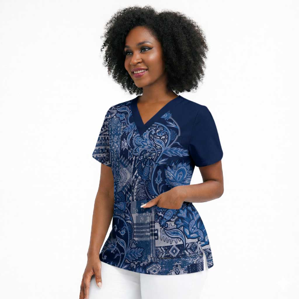 Africa Floral mix Maasai Shuka Scrub Top Blue Moitf