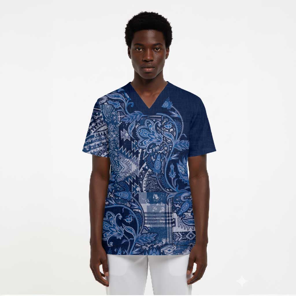 Africa Floral mix Maasai Shuka Scrub Top Blue Moitf