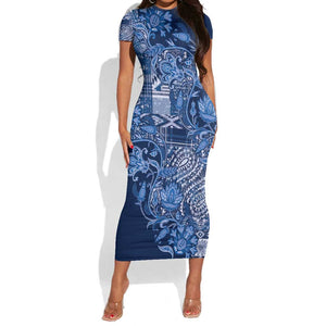 Afro Floral mix Maasai Shuka Short Sleeve Bodycon Dress Blue Moitf LT9