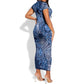 Afro Floral mix Maasai Shuka Short Sleeve Bodycon Dress Blue Moitf LT9