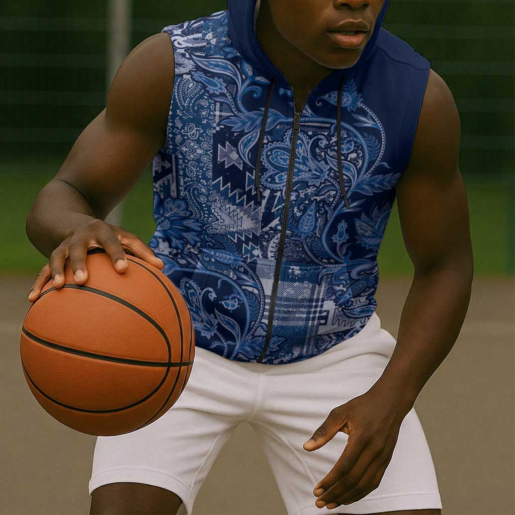 Afro Floral mix Maasai Shuka Sleeveless Zip Hoodie Blue Moitf - African Pride