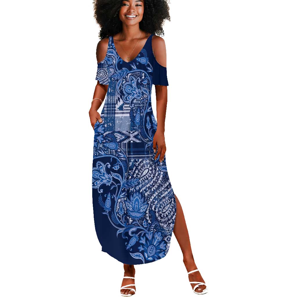 Afro Floral mix Maasai Shuka Summer Maxi Dress Blue Moitf