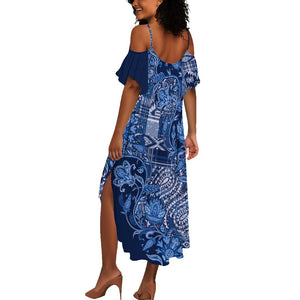 Afro Floral mix Maasai Shuka Summer Maxi Dress Blue Moitf