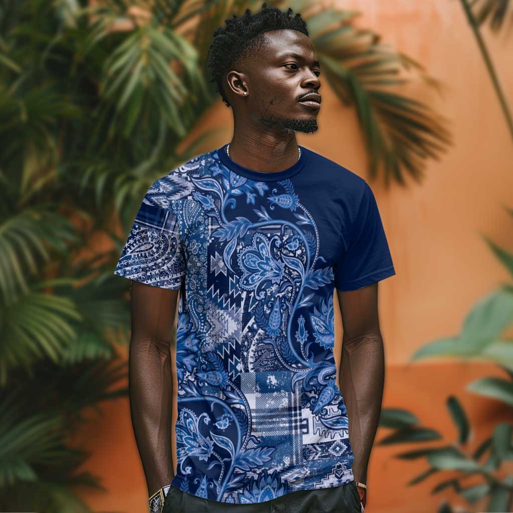 Afro Floral mix Maasai Shuka T shirt Blue Moitf