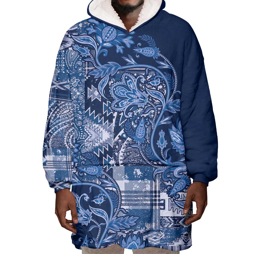 Afro Floral mix Maasai Shuka Wearable Blanket Hoodie Blue Moitf