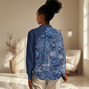 Afro Floral mix Maasai Shuka Women Casual Shirt Blue Moitf