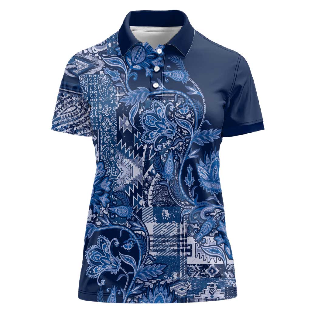 Afro Floral mix Maasai Shuka Women Polo Shirt Blue Moitf