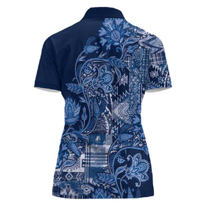 Afro Floral mix Maasai Shuka Women Polo Shirt Blue Moitf