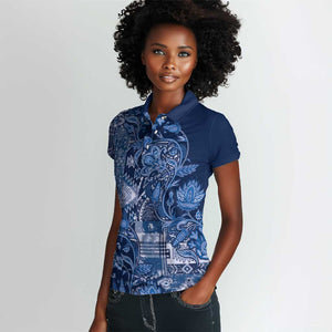 Afro Floral mix Maasai Shuka Women Polo Shirt Blue Moitf