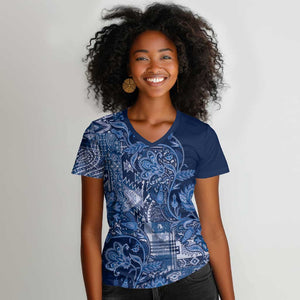 Afro Floral mix Maasai Shuka Women V-Neck T-Shirt Blue Moitf