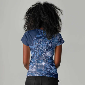 Afro Floral mix Maasai Shuka Women V-Neck T-Shirt Blue Moitf