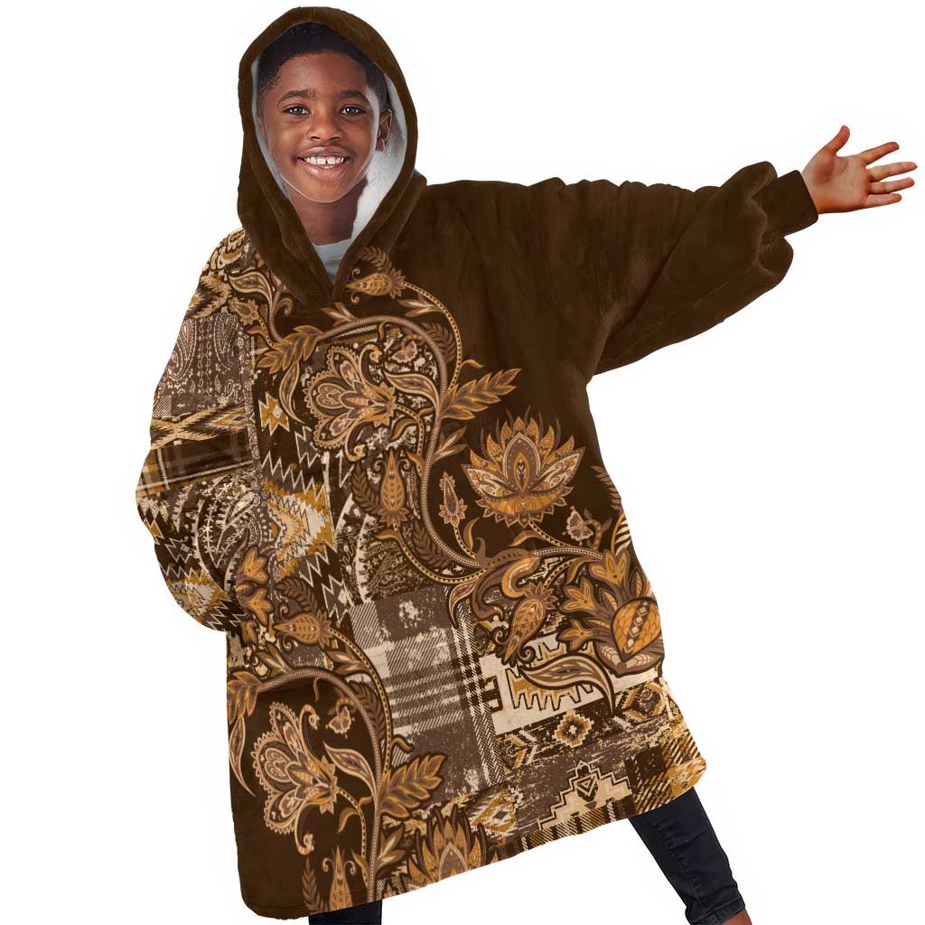 Afro Floral mix Maasai Shuka KId Wearable Blanket Hoodie Gold Moitf