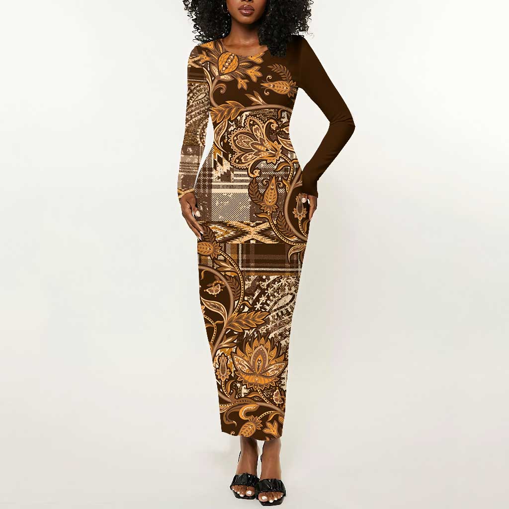 Afro Floral mix Maasai Shuka Long Sleeve Bodycon Dress Gold Moitf