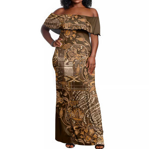 Afro Floral mix Maasai Shuka Off Shoulder Maxi Dress Gold Moitf