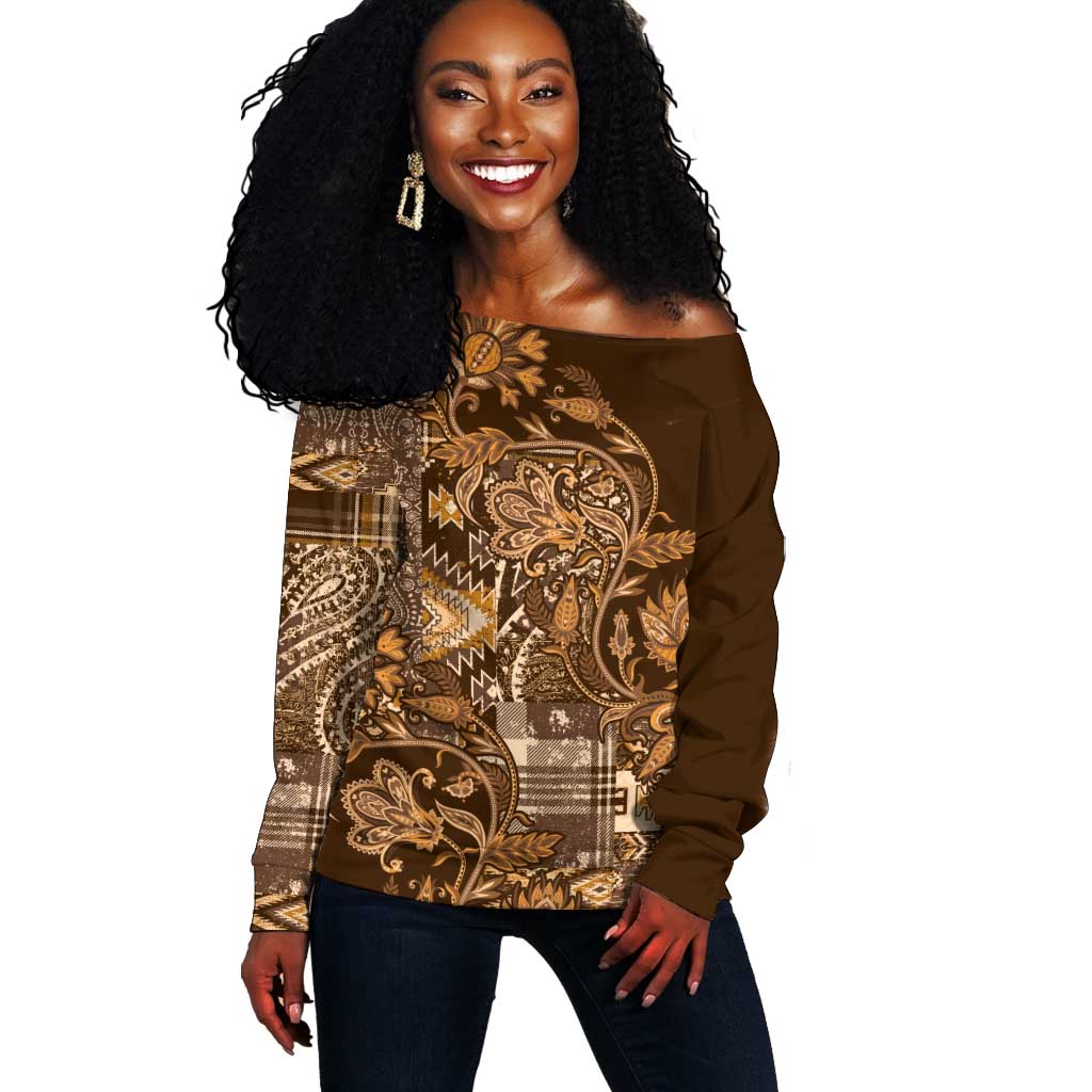 Afro Floral mix Maasai Shuka Off Shoulder Sweater Gold Moitf