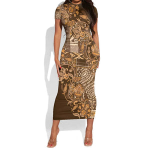 Afro Floral mix Maasai Shuka Short Sleeve Bodycon Dress Gold Moitf LT9