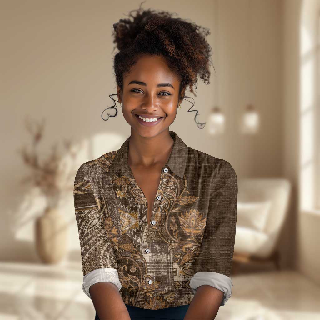 Afro Floral mix Maasai Shuka Women Casual Shirt Gold Moitf