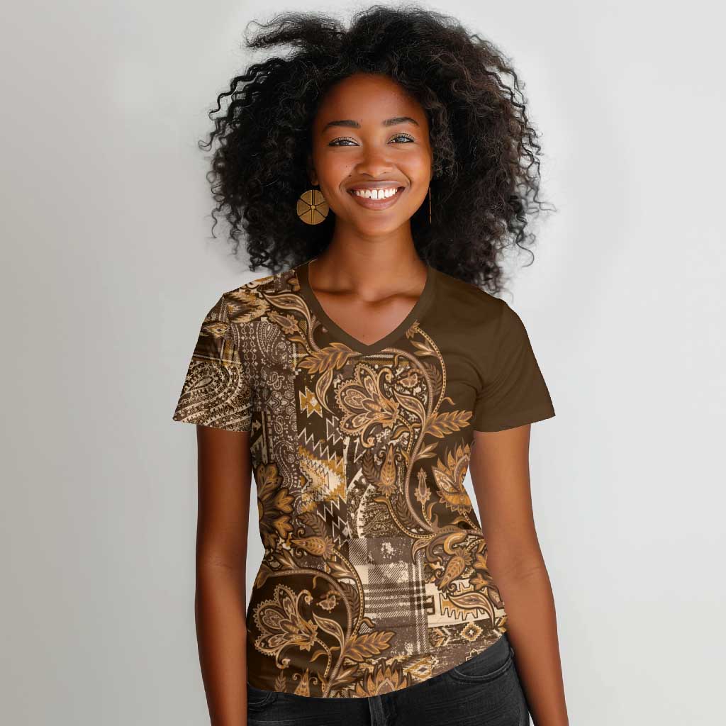 Afro Floral mix Maasai Shuka Women V-Neck T-Shirt Gold Moitf