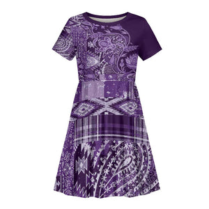 Afro Floral mix Maasai Shuka Kid Short Sleeve Dress Purple Moitf