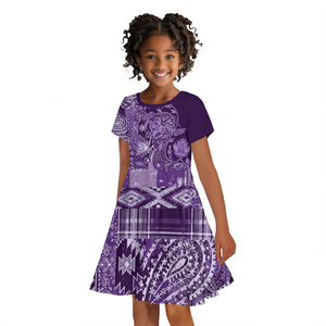 Afro Floral mix Maasai Shuka Kid Short Sleeve Dress Purple Moitf