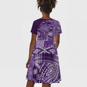 Afro Floral mix Maasai Shuka Kid Short Sleeve Dress Purple Moitf