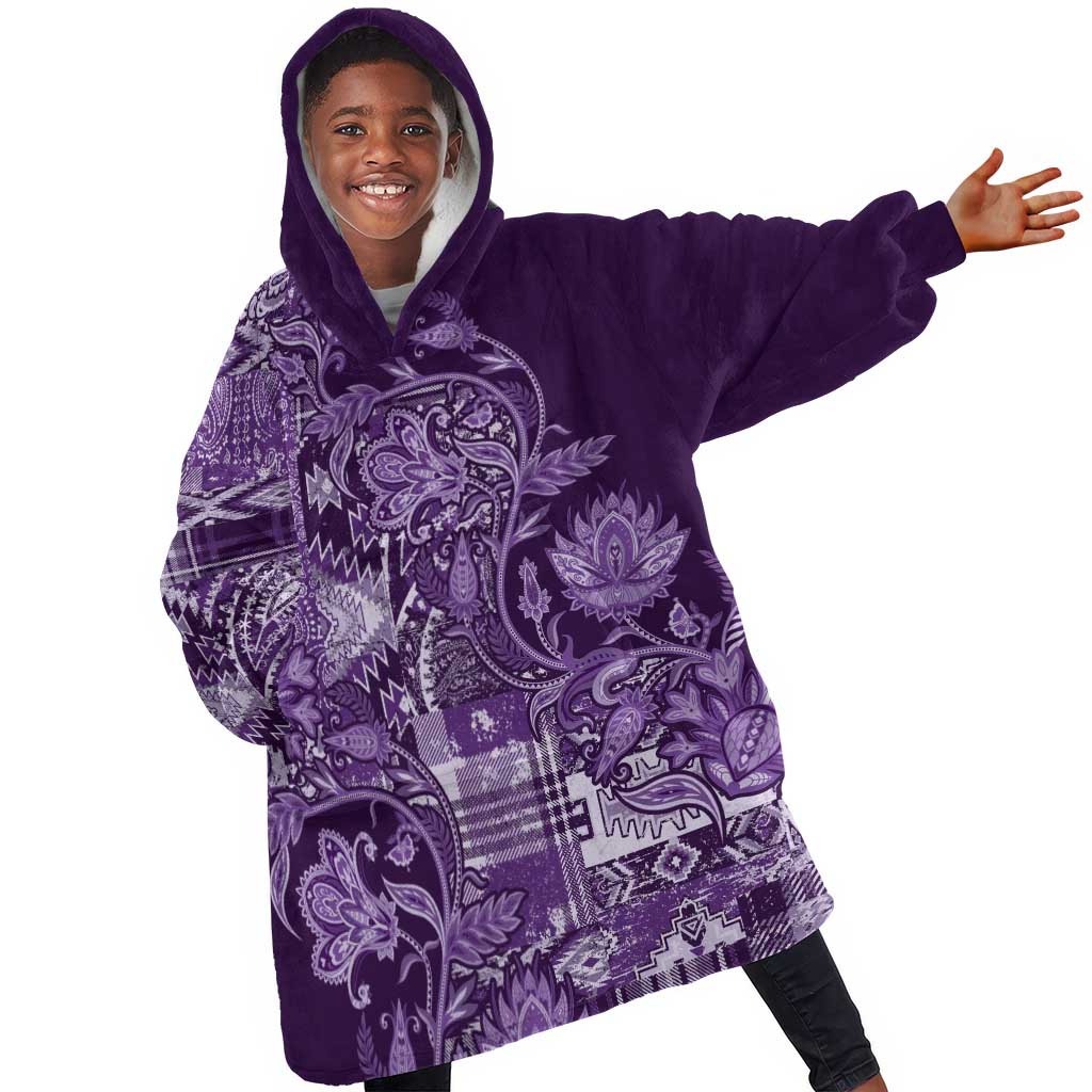 Afro Floral mix Maasai Shuka KId Wearable Blanket Hoodie Purple Moitf