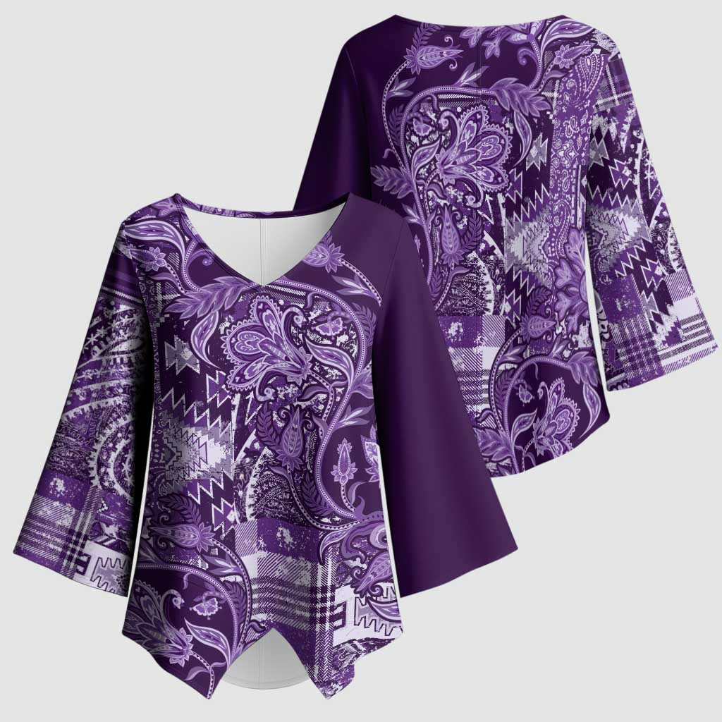 Africa Floral mix Maasai Shuka Kimono Sleeve Blouse Purple Moitf